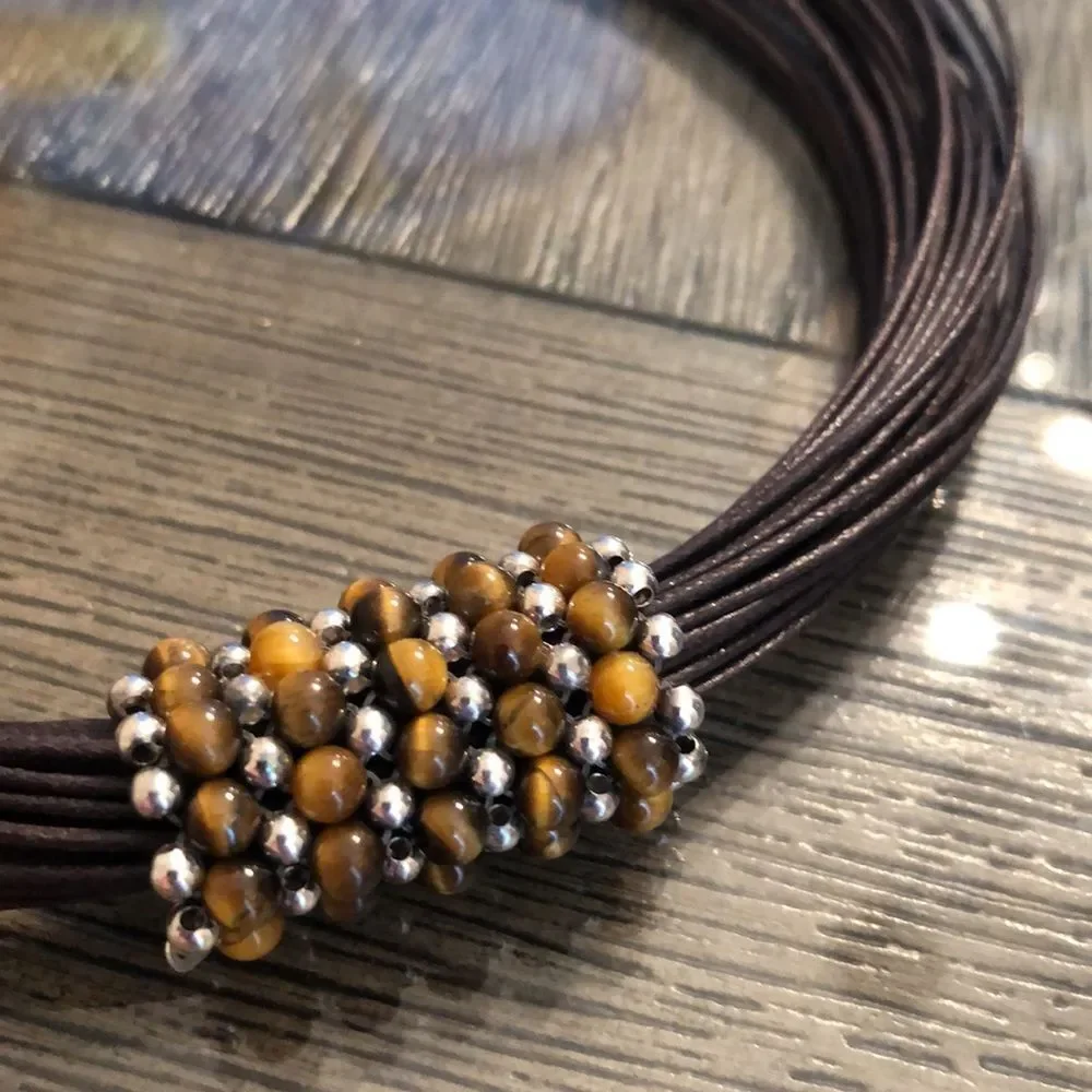 Waxed Brown Cord Necklace with Silver & Tigers Eye Beads, Sterling End Caps